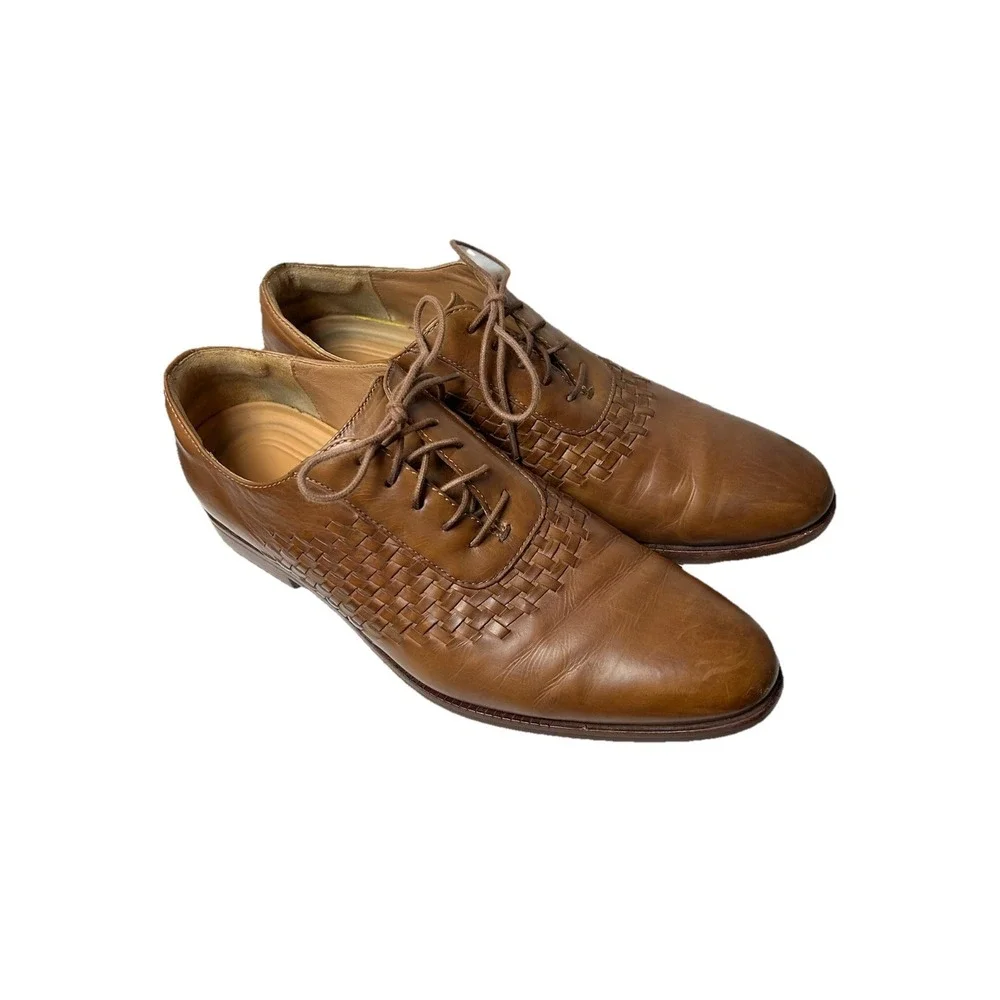 Cole Haan Grand OS Woven Leather Oxfords 10.5 M British Tan Brown Dress Shoes